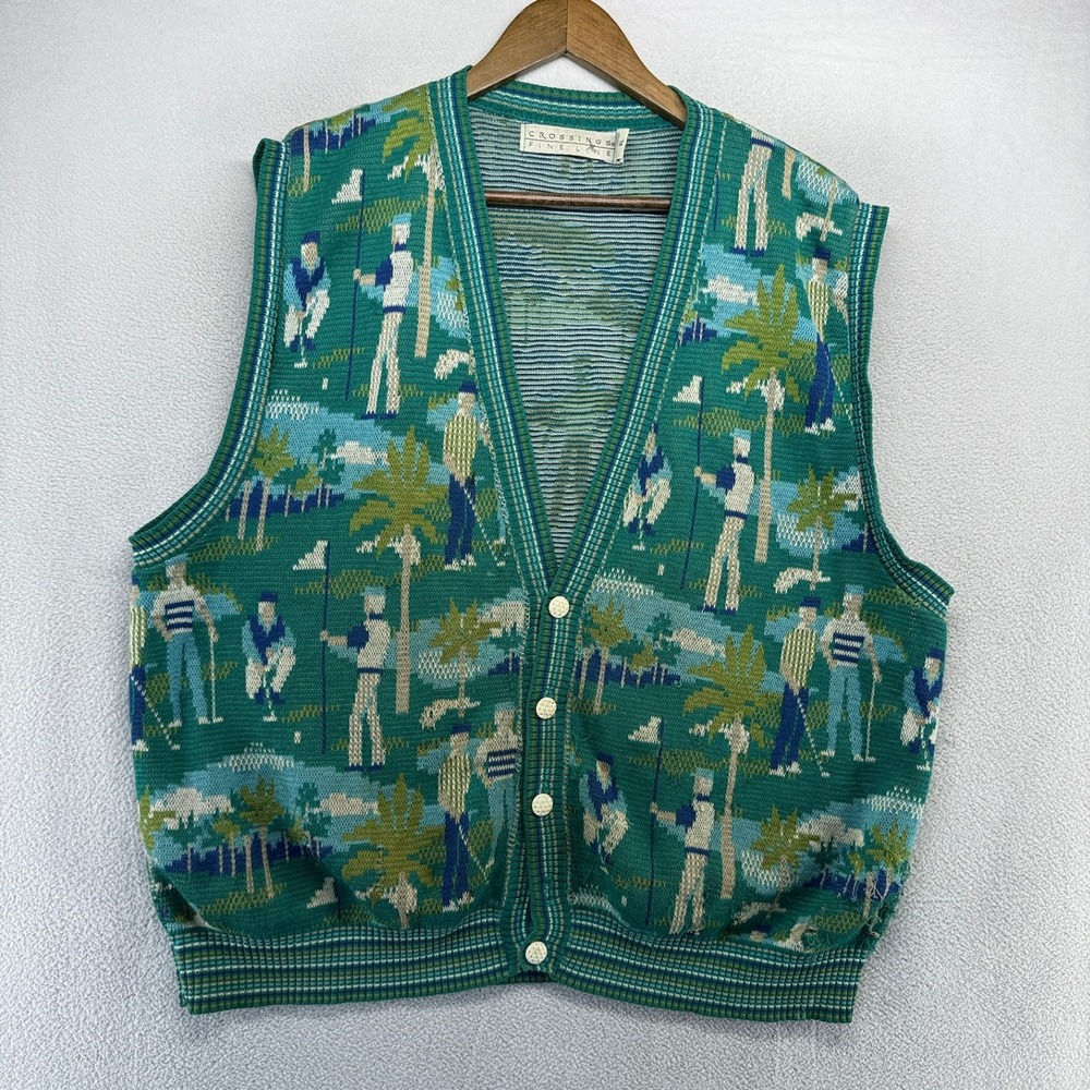 Vintage Crossings Sweater Vest Men's XL Blue Tropical Knit All Over Cardigan